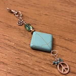 Handmade Turquoise, Glass & Wood Bead Bag Charm with Silver Peace Sign charms